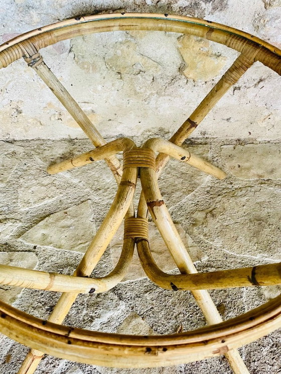 Image 1 of Tavolino vintage in rattan e bambù con piano in vetro, anni '60