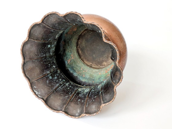 Image 1 of Midcentury Italian Planter | Hand-Hammered Copper with Scalloped Rim and Cord Detail