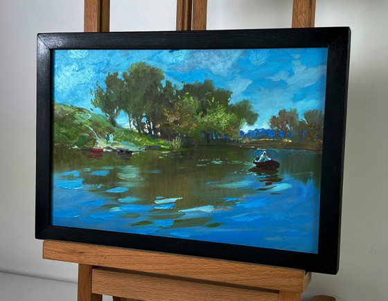 Image 1 of Peinture à l'huile originale, paysage naturel, collines d'été, bateaux sur la rivière