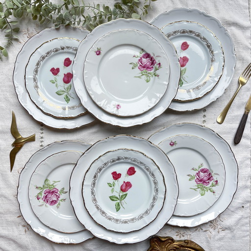 6 Assiettes Vintage Porcelaine Blanches Dorées + 6 Petites Assiettes Dépareillées Fleuries