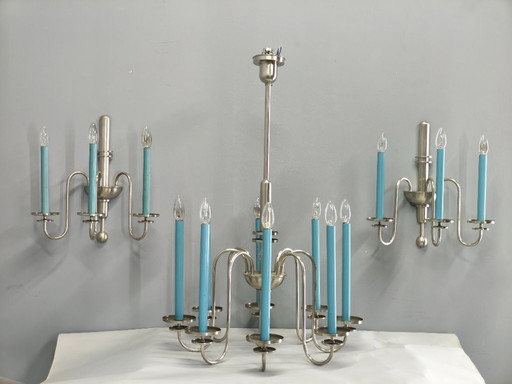 Art Deco Chandelier with Matching Sconces, Czechoslovakia 1930s