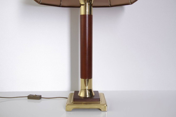 Image 1 of Lamp Tafellamp messing hout 77cm jaren 1980 vintage