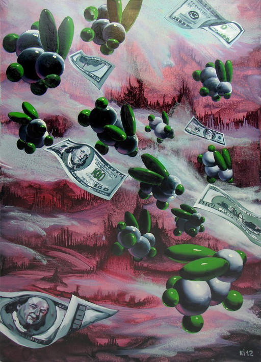 Original Oil Painting Pop Art Symbolism Green Wave