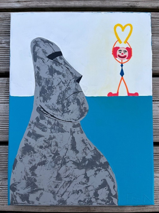 Acryl op canvas "Mac Moai" Formaat 40x30cm.
