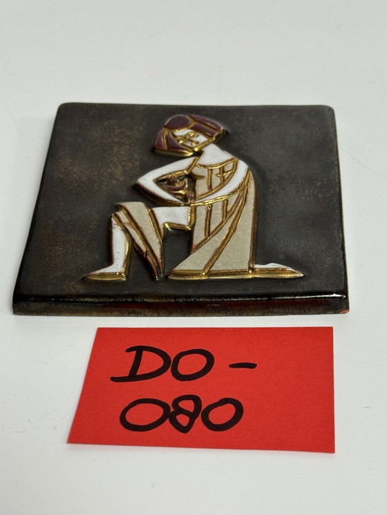 Image 1 of Small Square Ceramic Matte and High Gloss Glazed Tile with Greek Child, 1960s