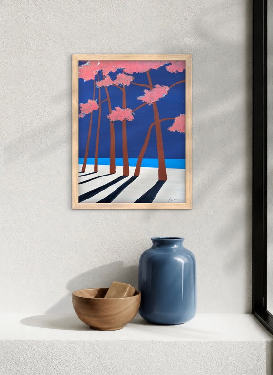 Painting by Frédéric Cadiou, pink trees on blue background, Paintings & Drawings, Canvas, Other, Abstract (photo 2 of 5)