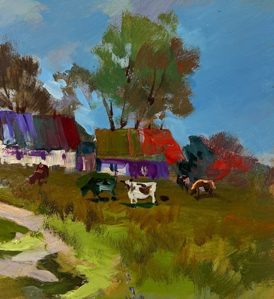 Image 1 of Original Oil Painting Summer Village Landscape Morning With Cows In Rustic