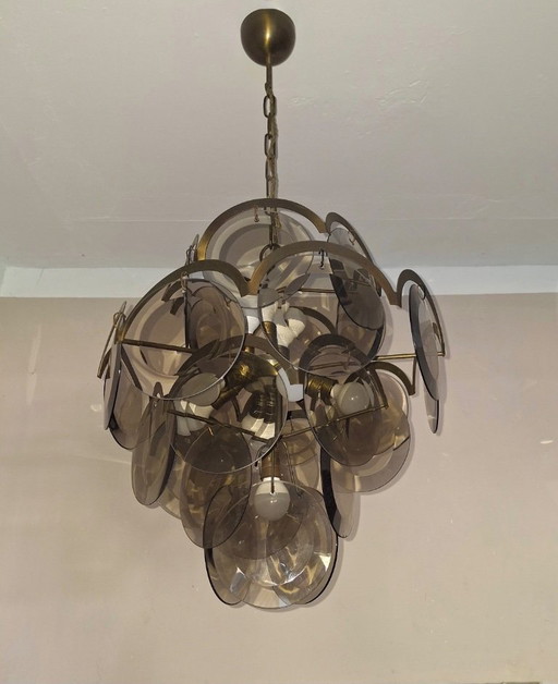 Vistosi Chandelier with 28 Faceted Amber Glass Discs, Italy, 1960s