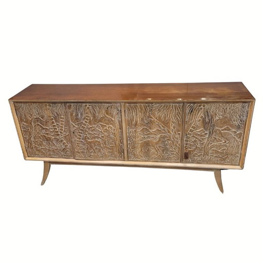 Enfilada / sideboard, following Rafael García Nicolau, carved oak wood, Mid-century, 70’s – Spain