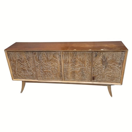Image 1 of Enfilada / sideboard, following Rafael García Nicolau, carved oak wood, Mid-century, 70’s – Spain