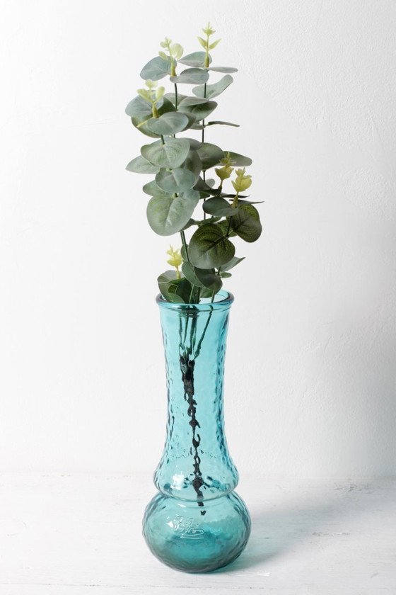 Image 1 of Turquoise Stylish Glass Flower Vase / Bibi Teal Hammered Textured Glass Vase / Italy / 1980s