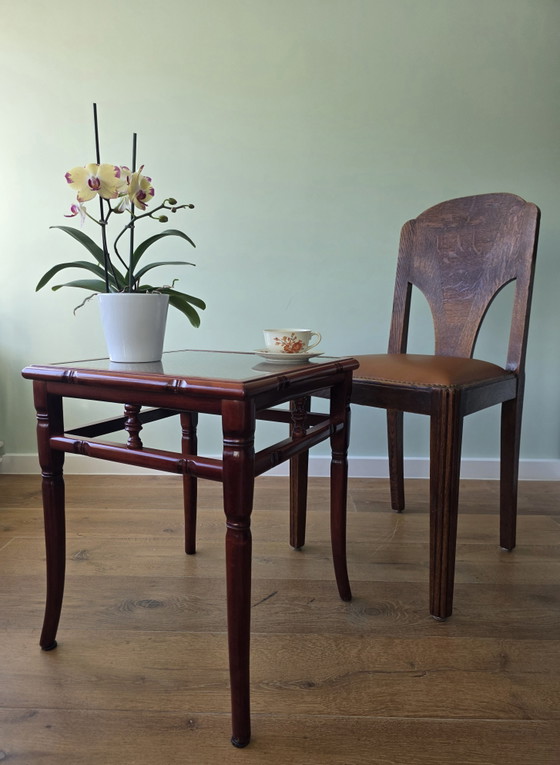 Image 1 of Vintage faux bamboo bijzettafel met glas en Weens vlechtwerk