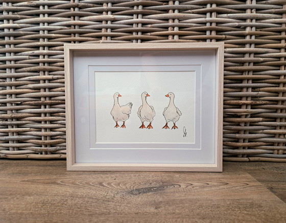 Image 1 of Aquarelle originale de trois oies avec cadre
