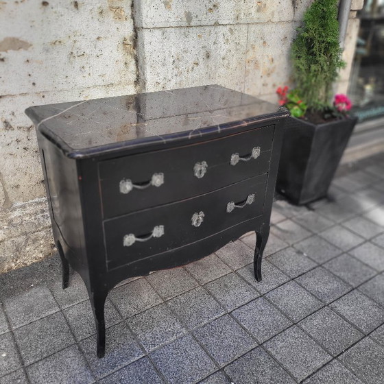 Image 1 of Black Louis XV style chest of drawers, ebonized wood and marble, Vintage, 20th century – France
