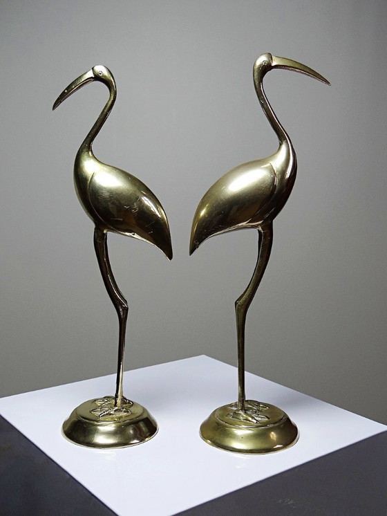 Image 1 of Paire de grands sujets Grues, Oiseaux en laiton décoratif Mid-Century vintages