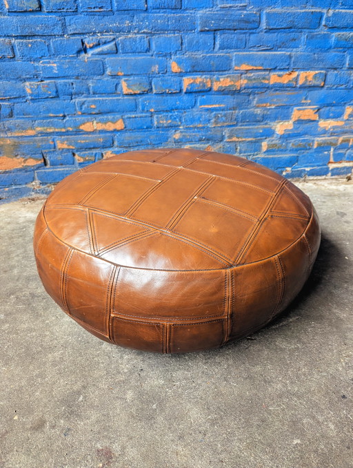 Vintage leather pouf, geometric design, 1970s