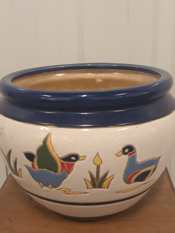 Image 1 of Keramik-Übertopf mit bunten Enten