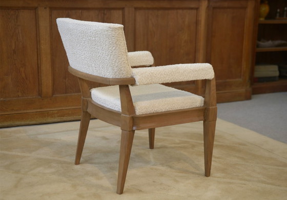 Image 1 of Modernistische Art Deco fauteuil in essen en ecru bouclé stof van Pierre Gouffé, jaren 40