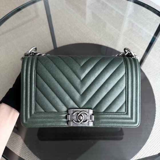 Image 1 of Chanel Boy Medium - Caviar 25CM Chevron Dark Green Ruthenium Silver Hardware Series 26