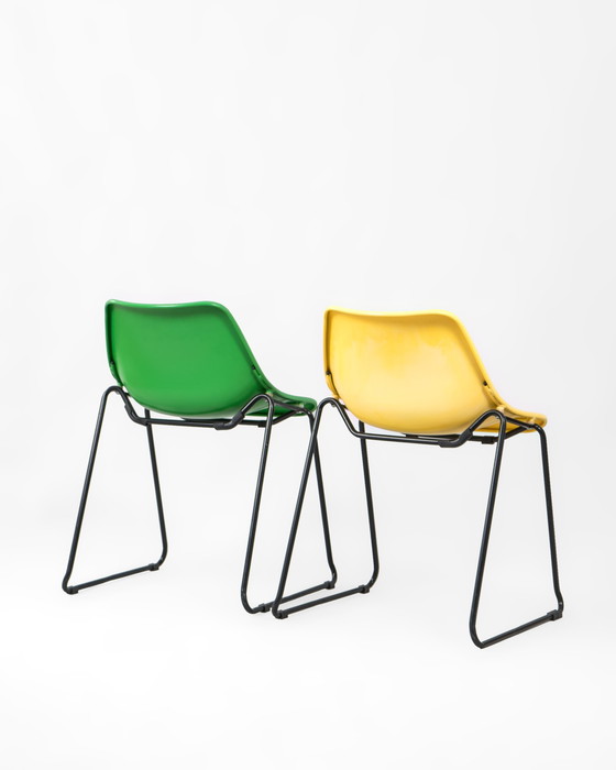 Image 1 of 4 X Green And Yellow Stackable Chairs Made Of Iron