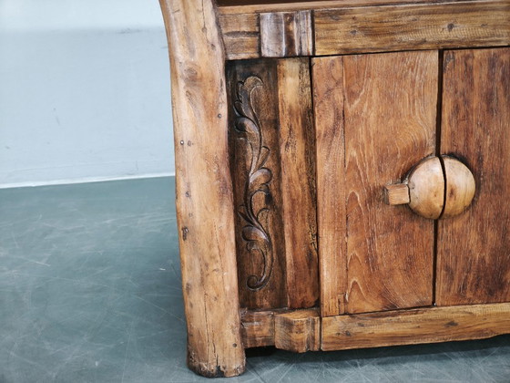 Console en Bois Massif Rustique Asiatique des Années 70, Buffet Primitif Sculpté à la Main, Marron (photo 10 sur 14)