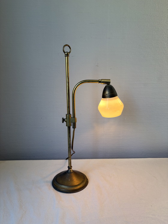 Image 1 of Vintage Art Deco brass with white milk glass shade, adjustable in height