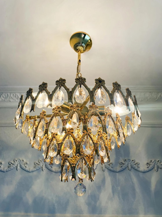 Lampadario Vintage Spagnolo in Ottone e Cristallo, Grandi Gocce, 3 Luci, Anni '70 – Glass, Brass (photo 2 of 9)