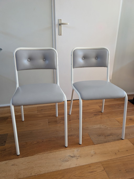 Set Van 2 Buisframe Stoeltjes Jaren 70 Wit Grijs – eetkamerstoelen, Metal, Skai