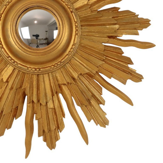 Image 1 of Vintage Houten Zonnespiegel Sunburst Convex Goud 46cm