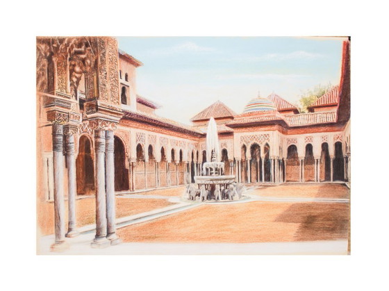 Image 1 of Drawing of the Alhambra. Court of the Lions. Alhambra painting. Painting of the Court of the Lions. New.