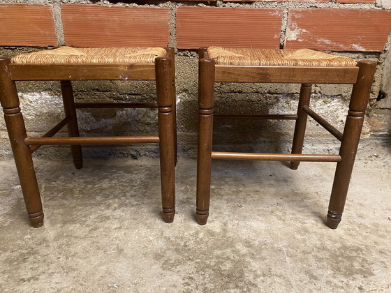 Image 1 of Paire Tabouret Ancien Bois + Assise Paille Tressée Vintage #D398