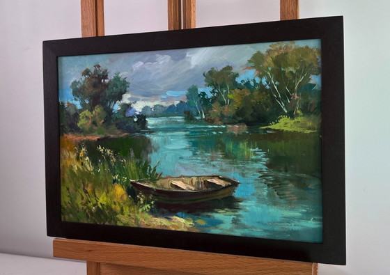 Image 1 of Original Oil Painting Summer Nature Landscape The rain is approaching the river
