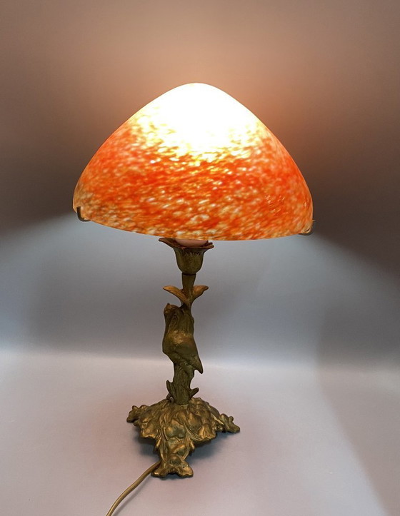 Image 1 of Art Nouveau style brass table lamp with red/black mushroom art de France glass