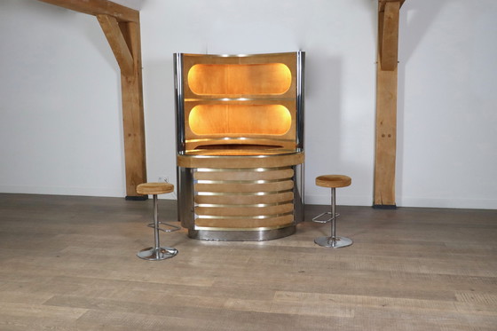 Image 1 of Suede and Chrome Dry Bar with Barstools in Cognac by Willy Rizzo, Italy 1970s