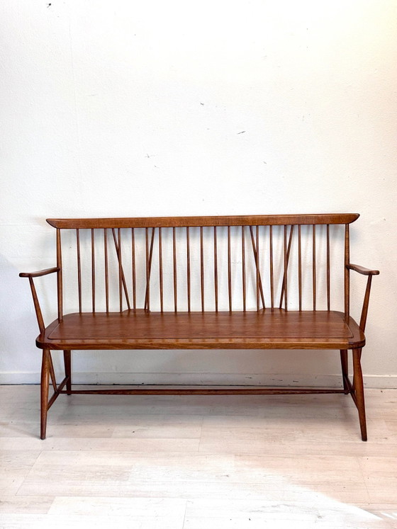 Vintage mid-century wooden slatted bench 1960s, Benches, Brown (photo 7 of 13)