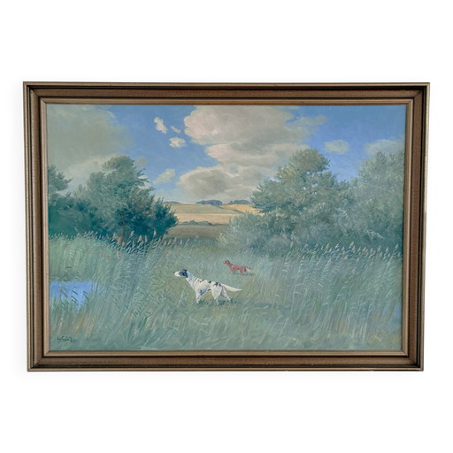 Grande peinture à l'huile originale vintage représentant un paysage avec un chien