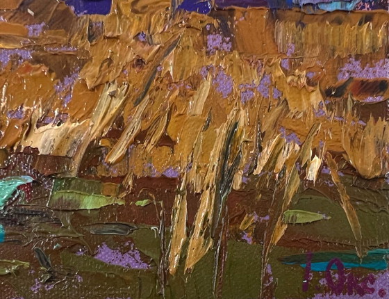 Image 1 of Original Oil Painting Autumn Sunset Landscape Evening on the River