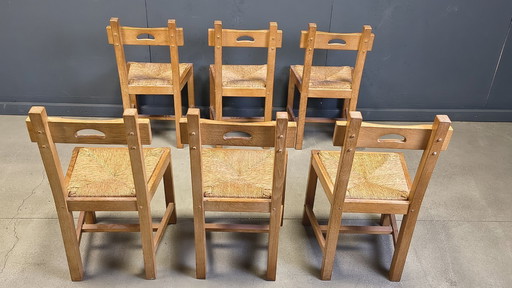 Vintage oak and wicker brutalist chairs, 1960s - set of 6