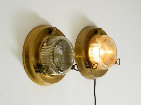 Image 1 of A pair of large, heavy 1950s original maritime ship wall lamps made of brass and glass