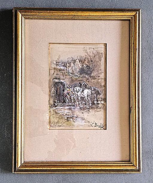 Victor Bauffe (1849-1921), cavalli davanti a un cancello