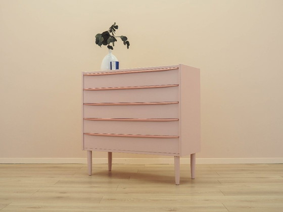Dänische Kommode aus den 1970er Jahren in Rosa, vier Schubladen, Teakfurnier, massive Beine – Kommoden, Wood (photo 3 of 18)