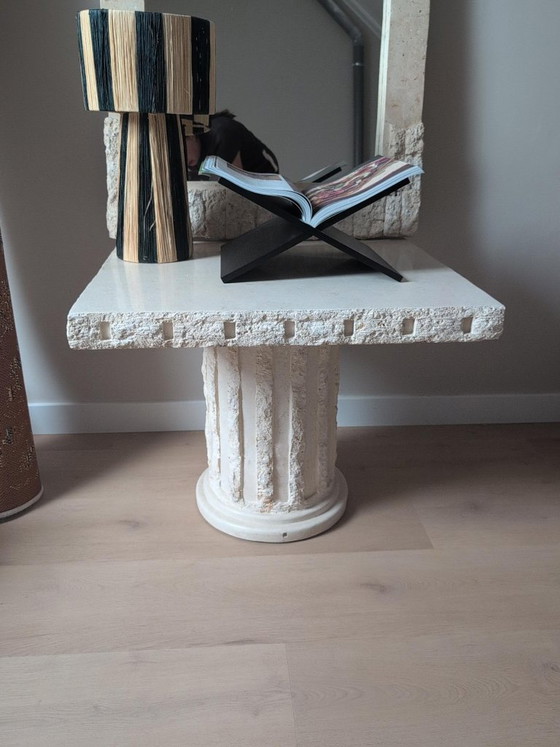 Vintage sculptural pillar table, brutalist stone look, 70 × 70 cm, Side tables, Creme (photo 6 of 6)