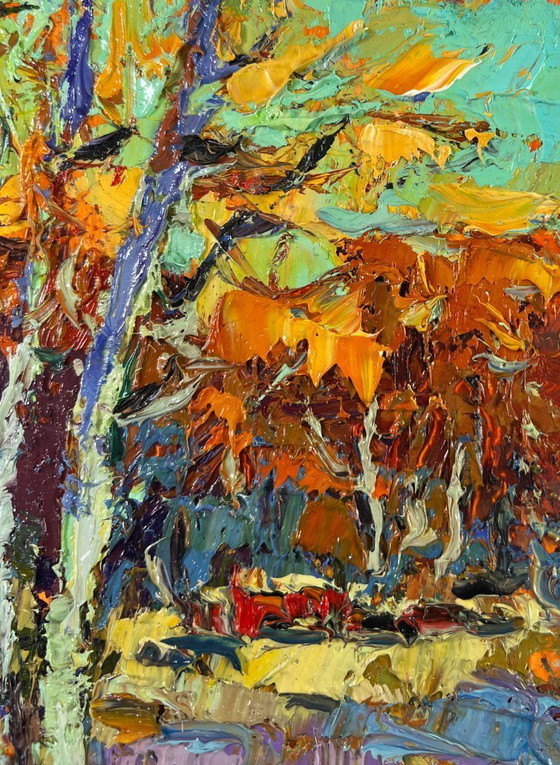 Image 1 of Originales Ölgemälde: Herbstwaldlandschaft – Junge Espen lauschen der Stille