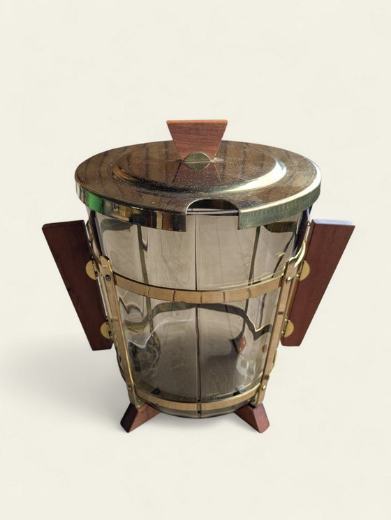 Image 1 of Raro set di punzoni vintage degli anni '30: vetro fumé, ottone e teak