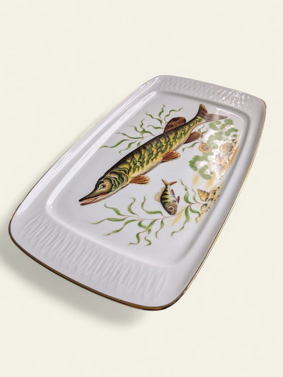 Image 1 of Rarità! Servizio vintage di porcellana con motivi di pesci e bordo dorato | Hutschenreuther, Selb, Eschenbach | Dipinto a mano