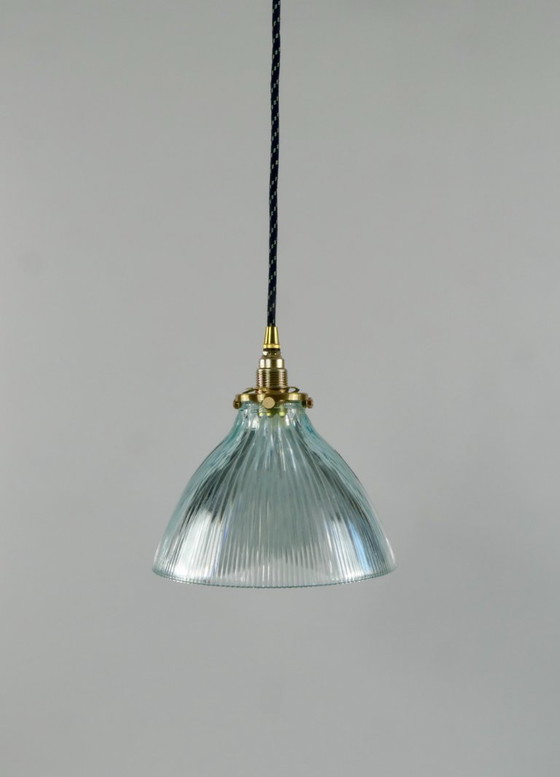 Image 1 of Ribbed ceiling lamp in light blue Holophane glass with brass shade support