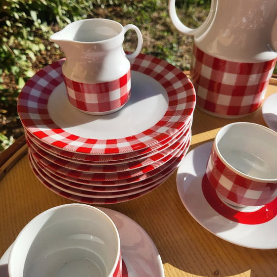 Vichy red and white checkered coffee/tea set, 1960-70, KRONESTER BAVARIA, Crockery, Porcelain, Vintage (photo 9 of 15)