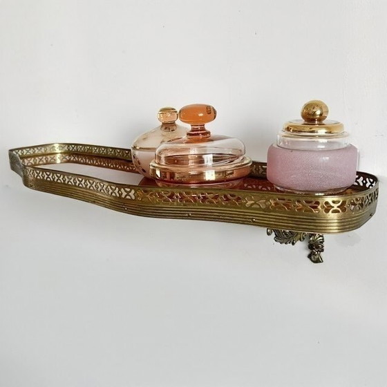 Videoregistratore vintage italiano, tavolino a mezzaluna da parete con intarsi in legno e ottone, anni '50 (photo 4 of 13)