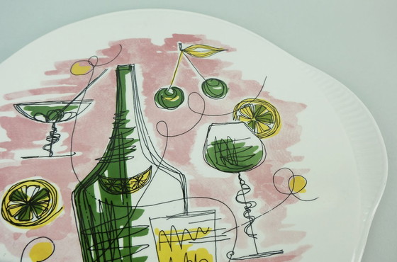 Image 1 of 1950s mid century CAKE PLATE with beautiful cocktail and bar decor grünstadt-keramik