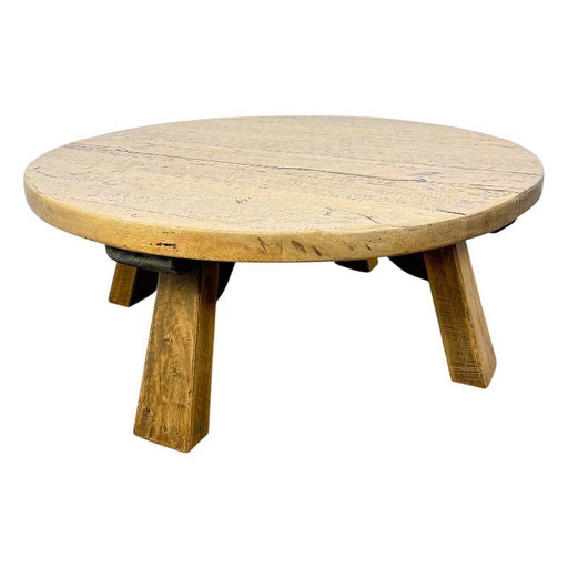 Rustic solid oak coffee table – round brutalist style – vintage European design